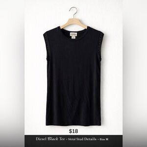 Diesel Black Sleeveless Tee Stud Detail Minimalist Chic Top Size [X]